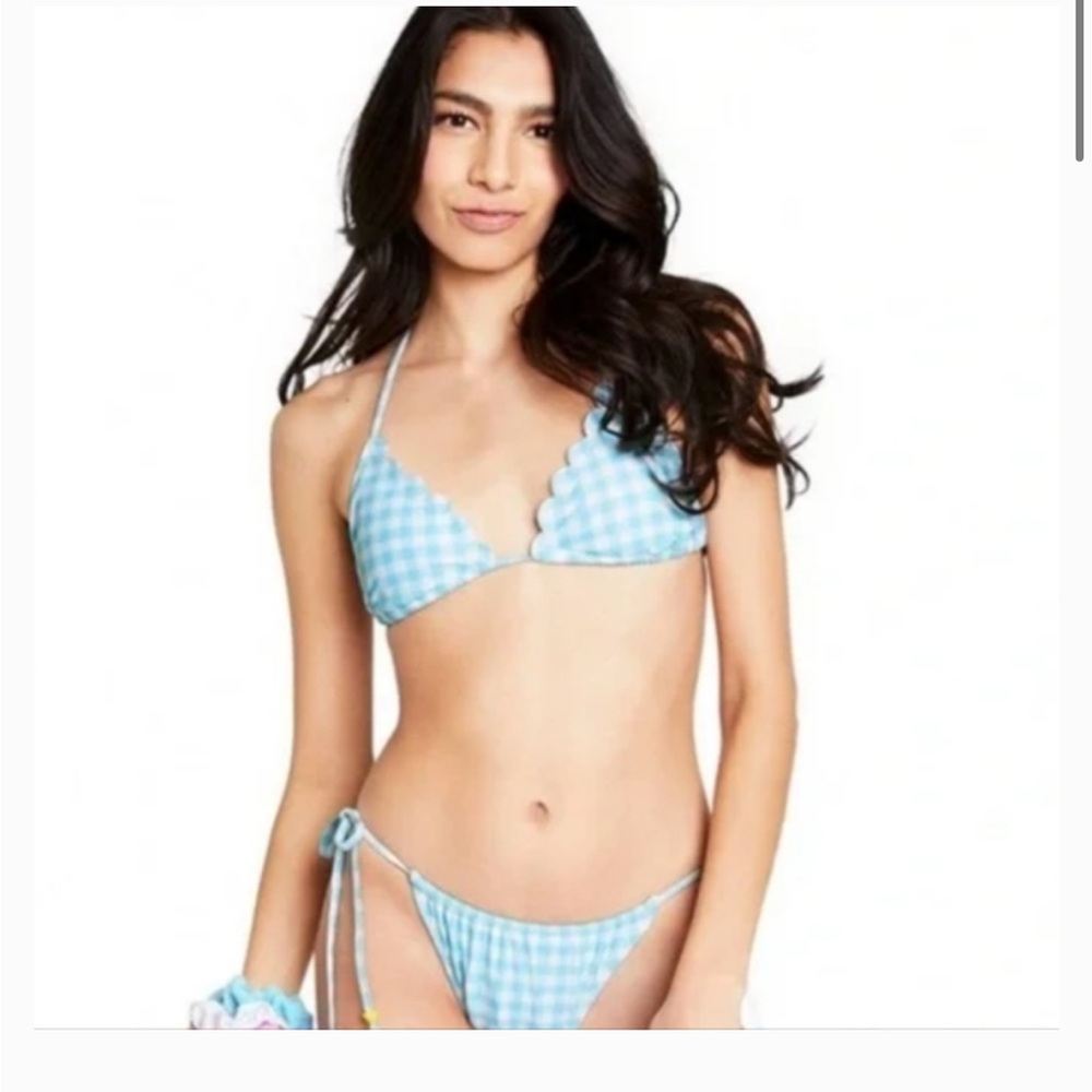 Stony Clover Target Gingham Blue and White Scallop Tie Bikini NWT